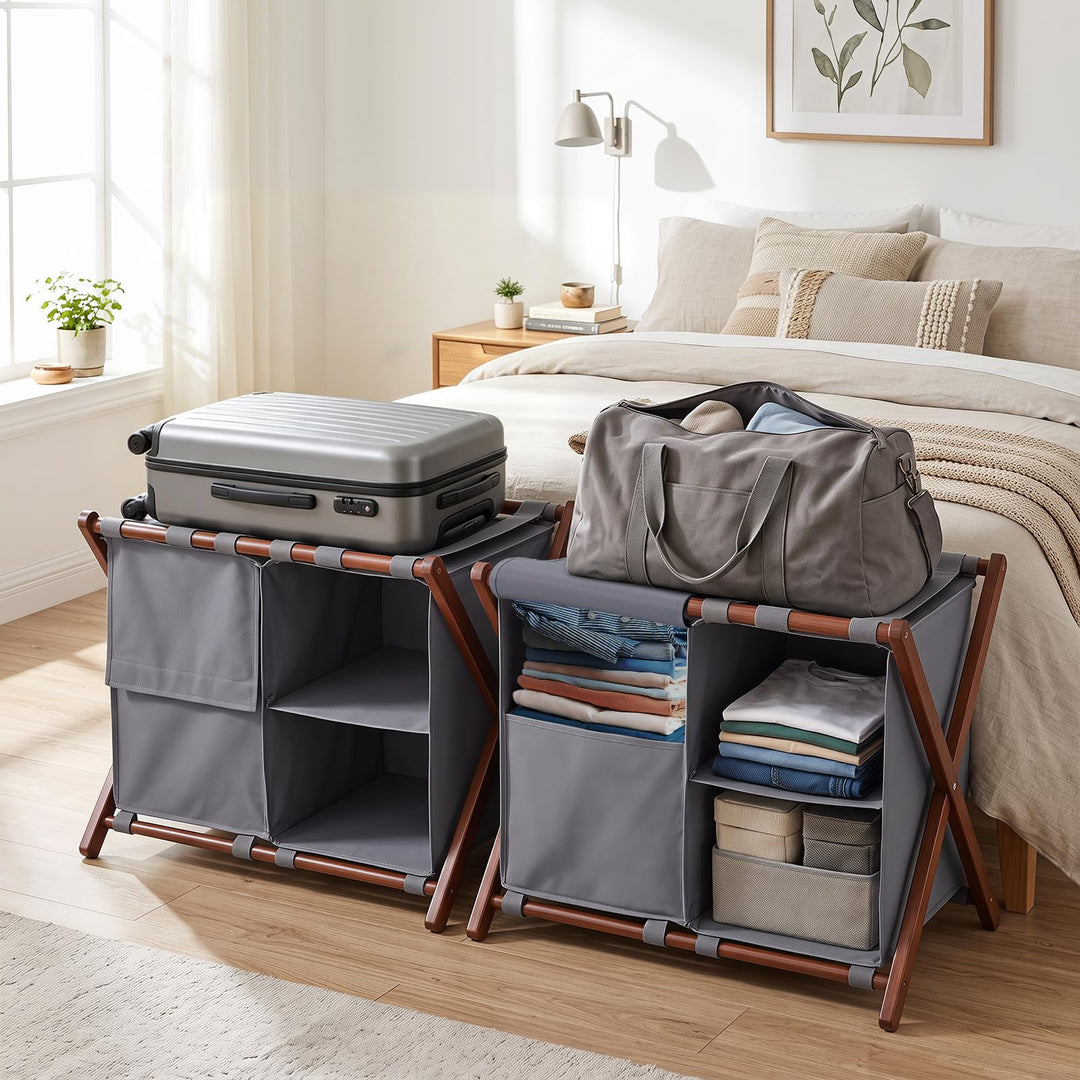GIANTEX 27" Bamboo Luggage Rack with 3 Storage Compartments (1/2)