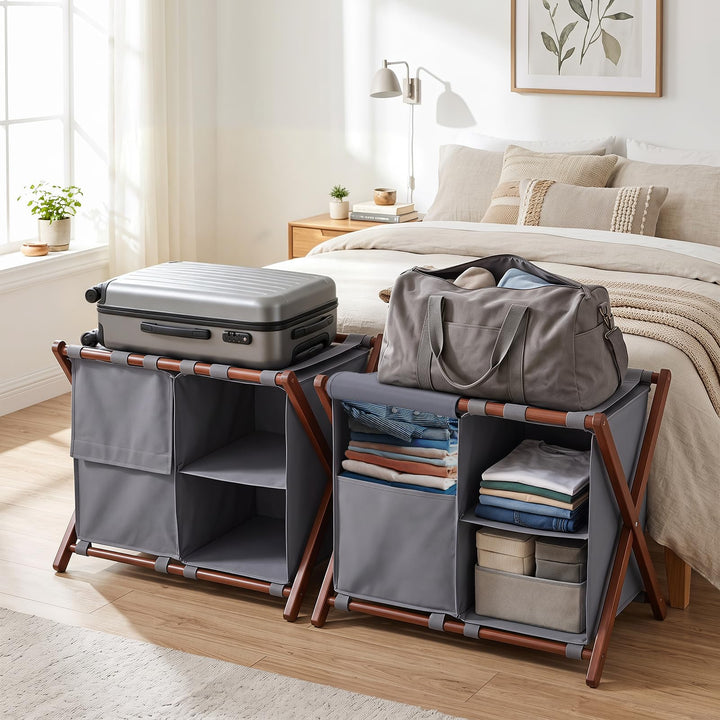 GIANTEX 27" Bamboo Luggage Rack with 3 Storage Compartments (1/2)
