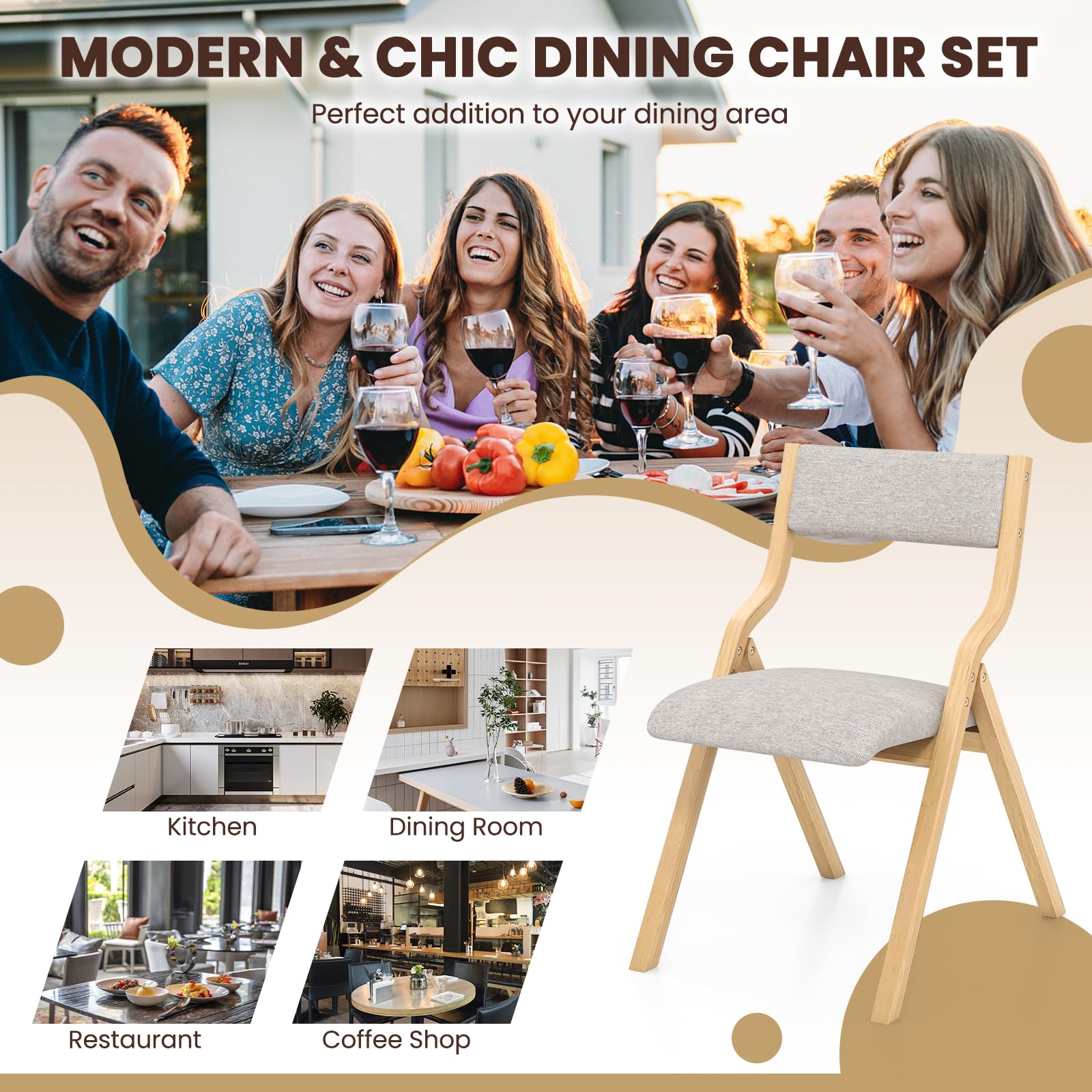 Folding Dining Chair Set of 2, No Assembly Folding Chairs w/Linen Padded Seats - Giantex
