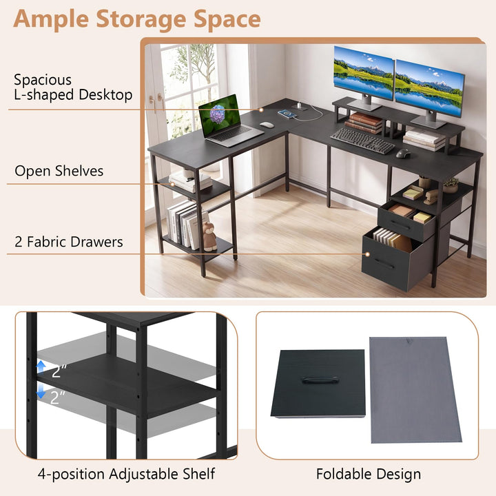 Giantex 63" Reversible L Shaped Desk with Charging Station