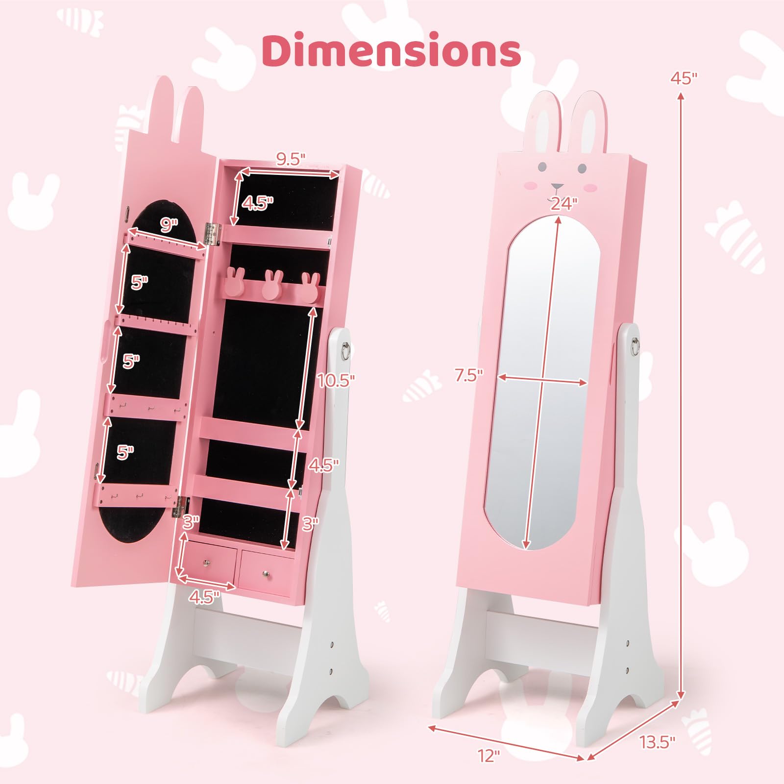 CHARMAID Kids Mirror Jewelry Cabinet - 45" Standing Jewelry Armoire with Full Length Mirror