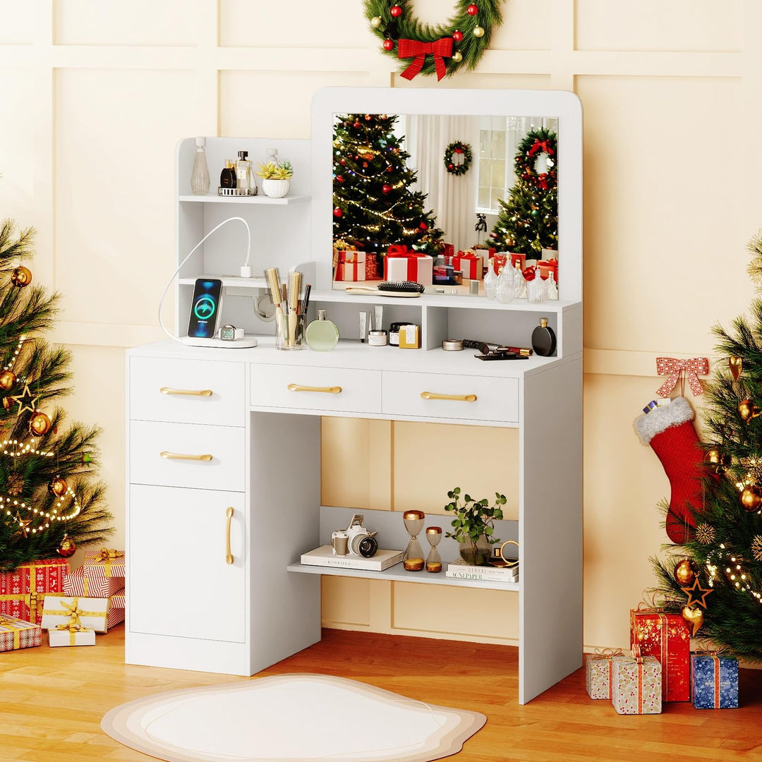 Giantex 39.5 Inch Vanity Desk with Power Outlets and Mirror for Bedroom