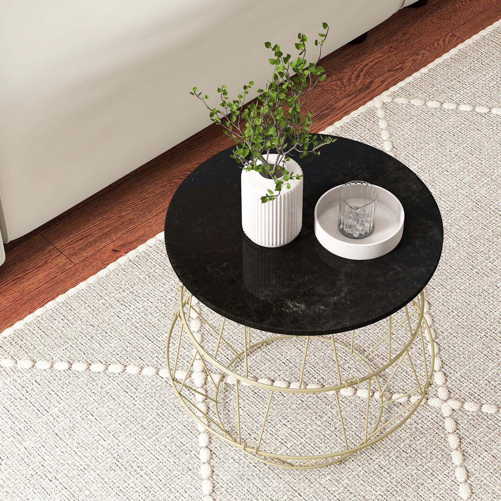 Giantex Round Coffee Table, Faux Marble Side End Table with Gold Metal Frame & Removeable Top