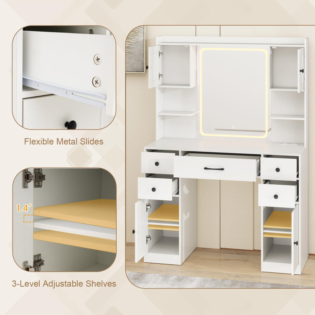 CHARMAID Vanity Desk with Mirror and Lights, White Makeup Vanity Desk with 5 Drawers
