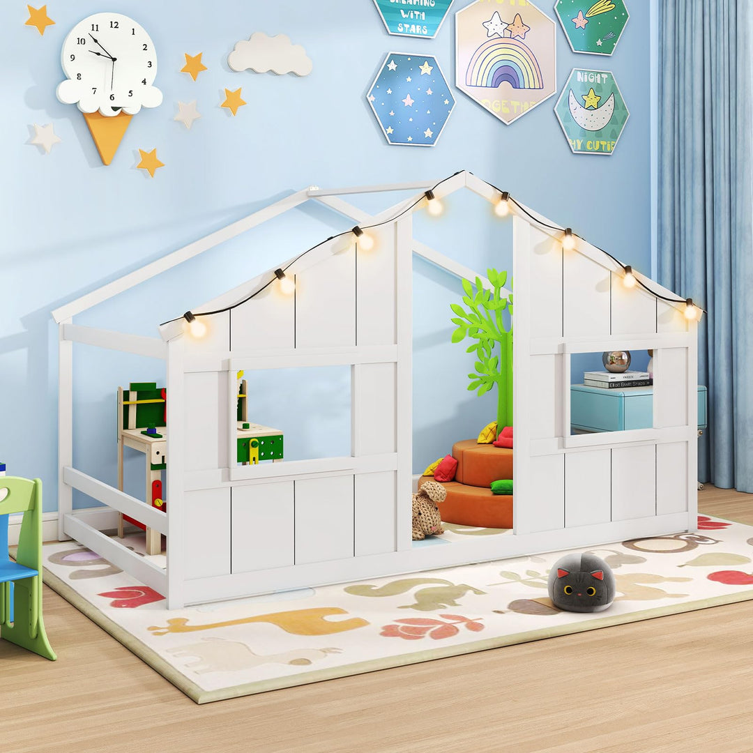 Giantex Twin Kids House Bed with Light Bulbs Wooden Montessori Floor Bed Frame with Roof & Windows