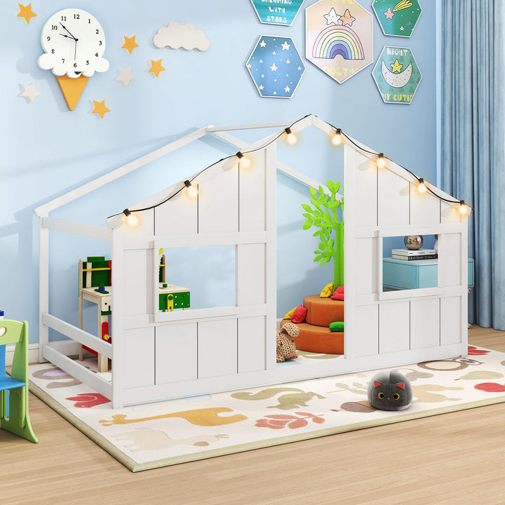 Giantex Twin Kids House Bed with Light Bulbs Wooden Montessori Floor Bed Frame with Roof & Windows