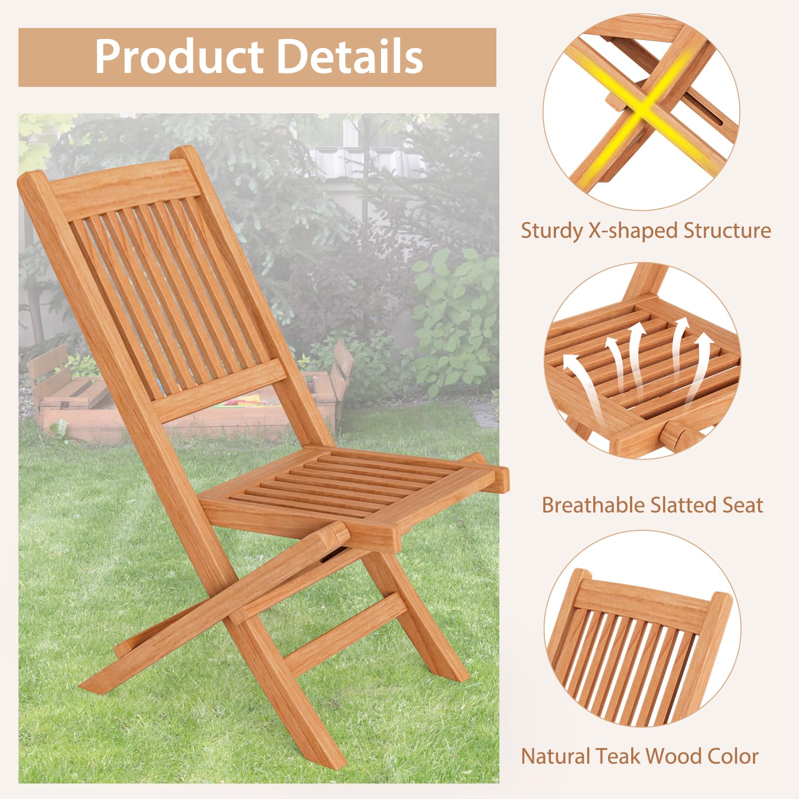 Giantex Patio Folding Chairs, Solid Teak Wood Outdoor Chairs with Slatted Seat & Back