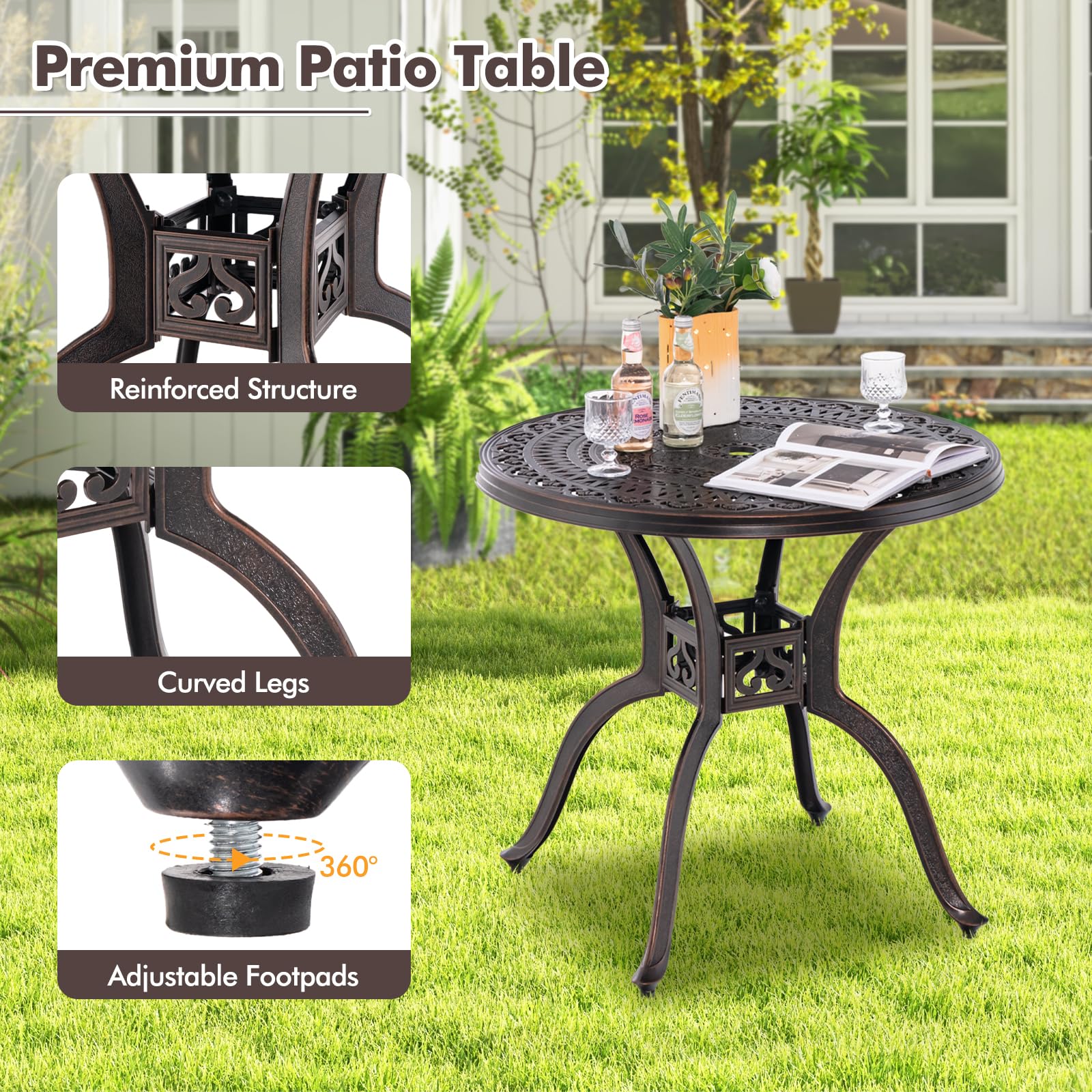 Giantex 31.5" Patio Bistro Table, Cast Aluminum Table Side Table with 2" Umbrella Hole & Adjustable Footpads