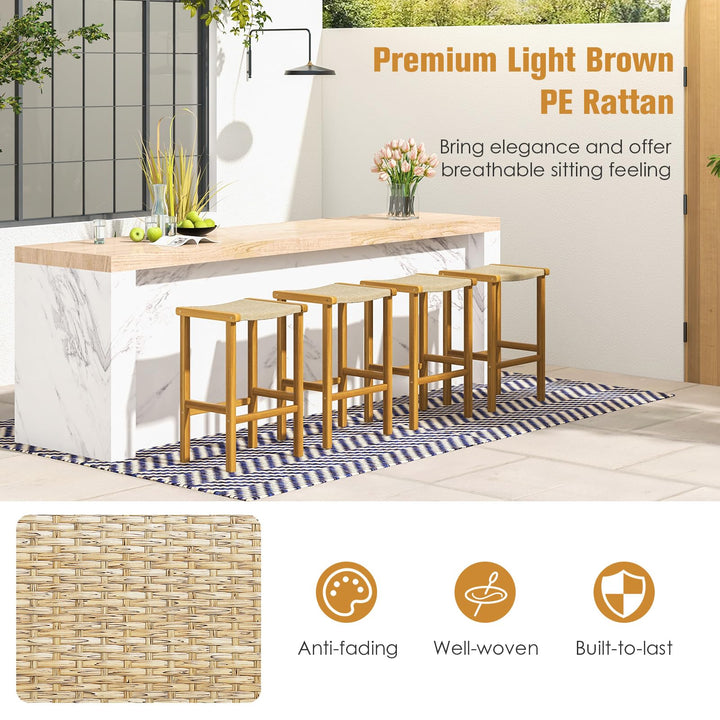 Giantex Patio Wood Bar Stools Set of 2, Acacia Wood Bar Stools w/Rattan Woven Seat