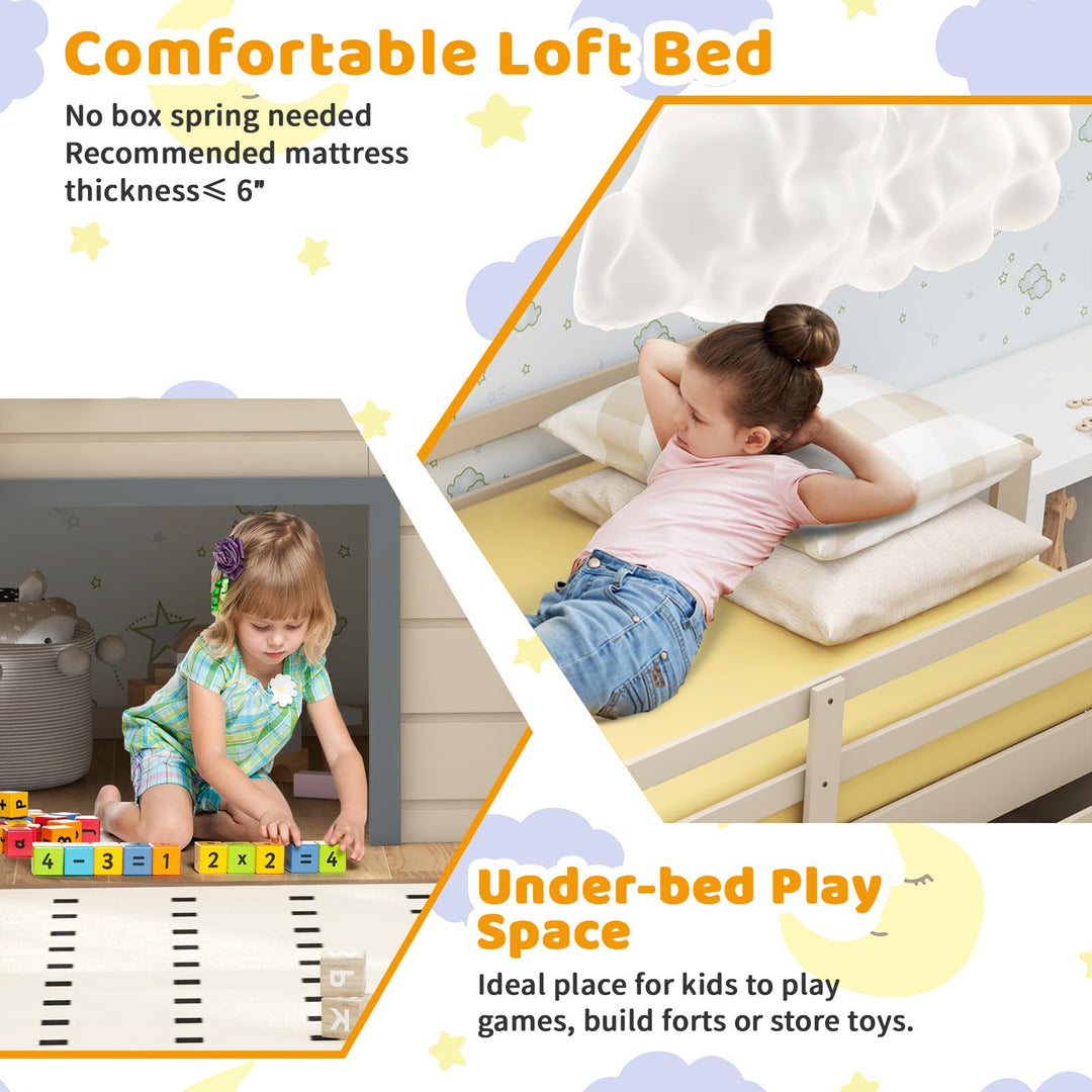 Giantex Low Loft Bed Twin Size | Solid Wood Kids Bed with Slide &amp; 3 Storage Drawers