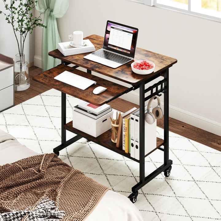 Giantex Mobile Computer Desk, Rolling Writing Desk with Keyboard Tray, Shelf & 3 Hanging Hooks, Rustic Brown & Black