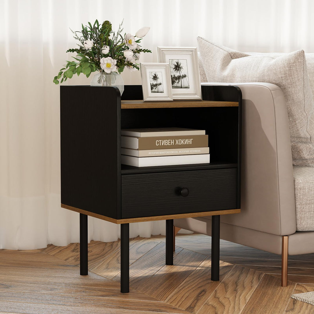 Giantex Wood Night Stand with Drawer - Mid Century Modern Bedside Table