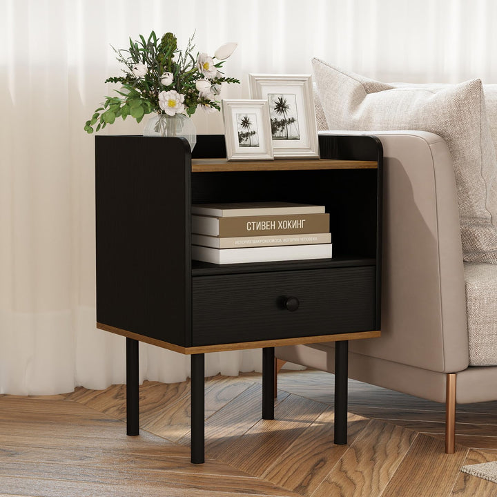 Giantex Wood Night Stand with Drawer - Mid Century Modern Bedside Table