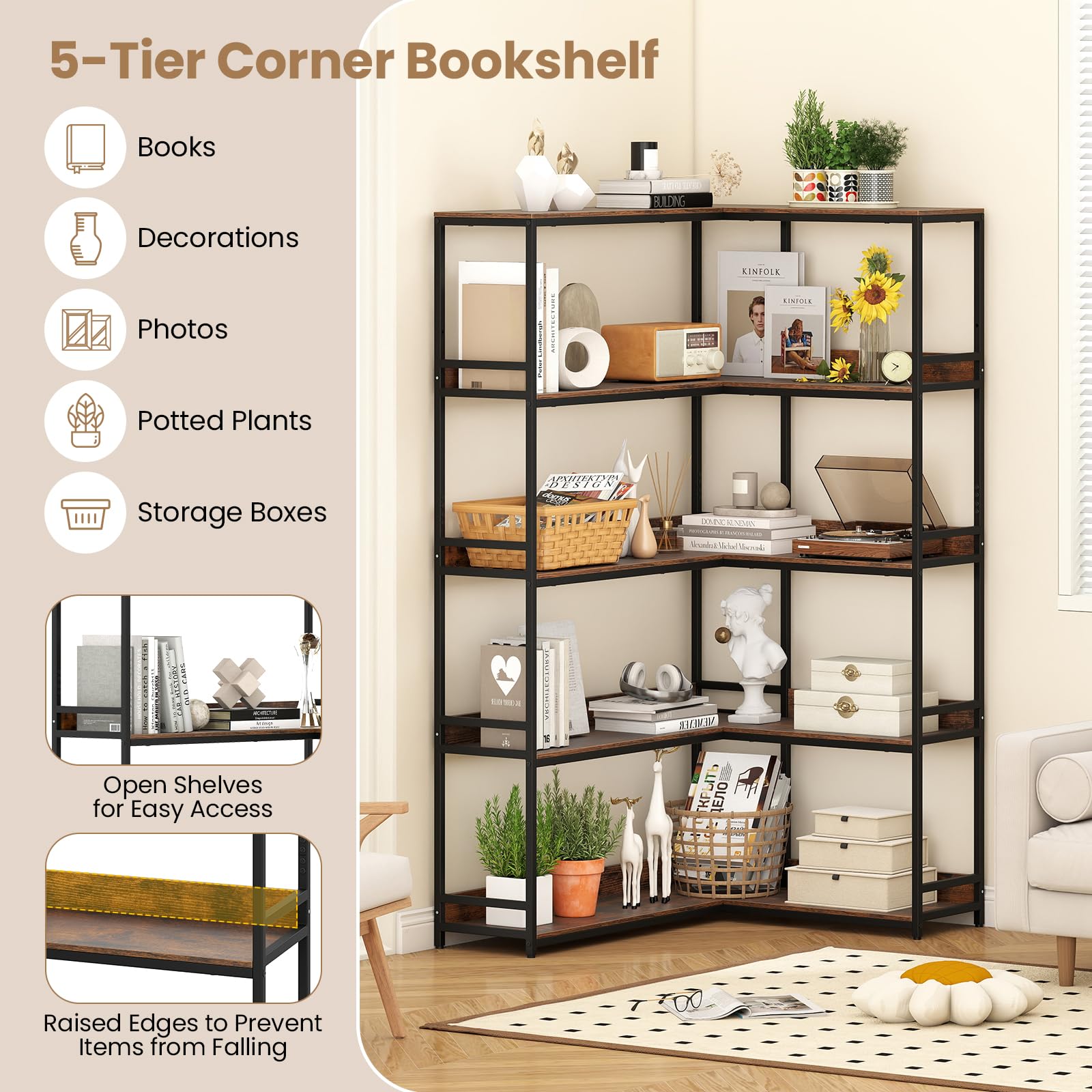 Giantex 5 Tier Corner Bookshelf with Metal Frame for Living Room