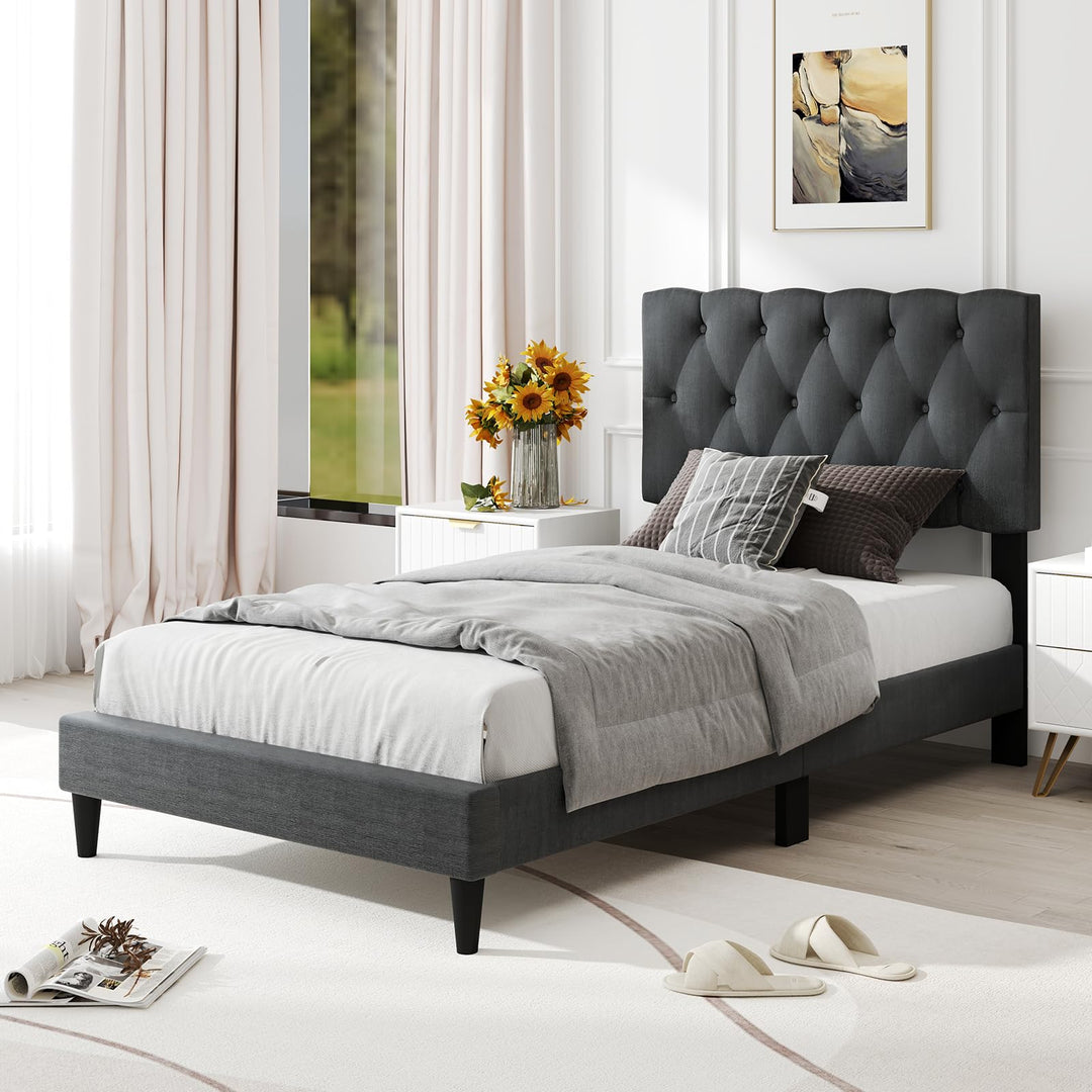 Modern Upholstered Platform Bed Frame with Diamond Tufting Headboard
