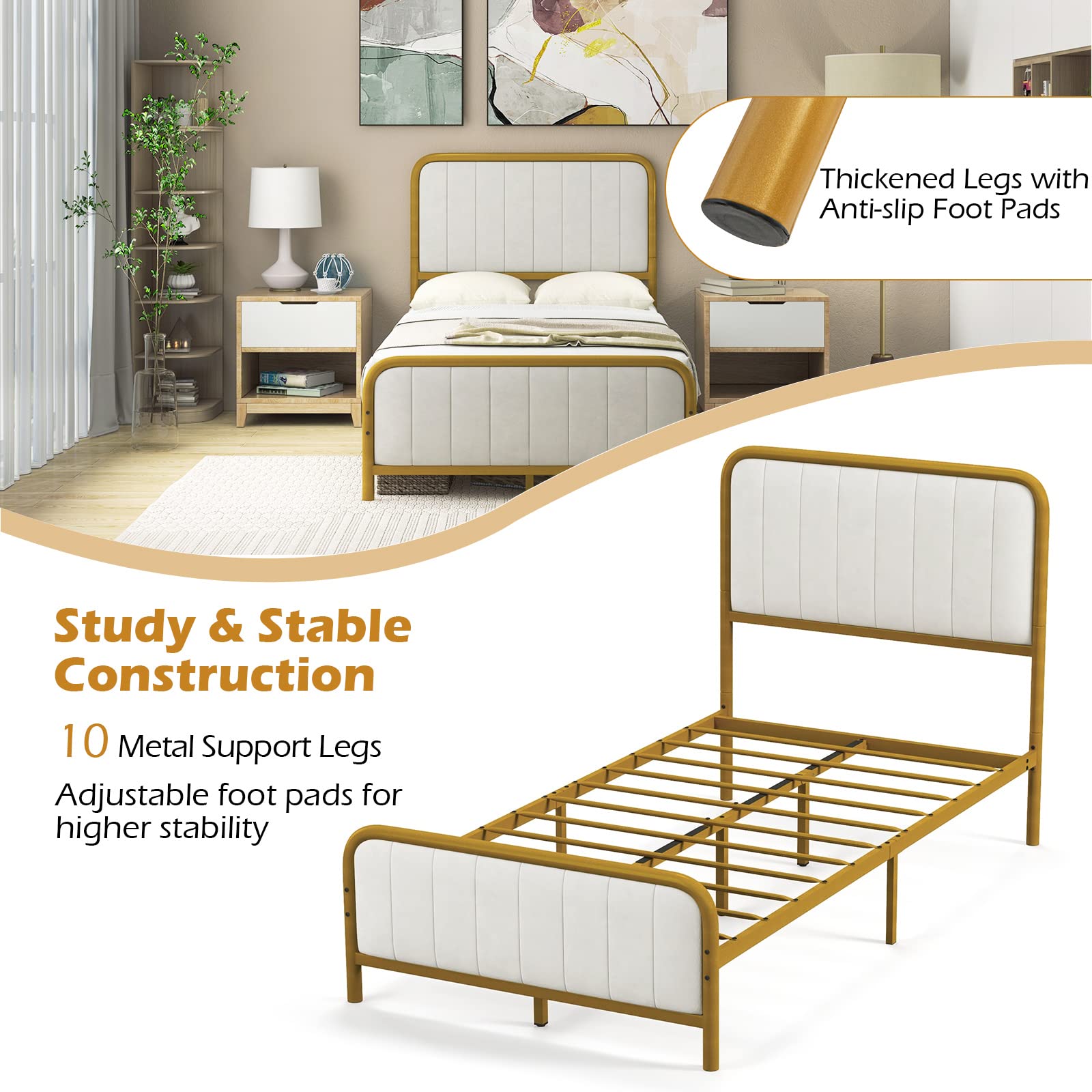 Giantex Twin Size Gold Bed Frame with Velvet Headboard and Footboard, Heavy-duty Metal Slats Support Mattress Foundation