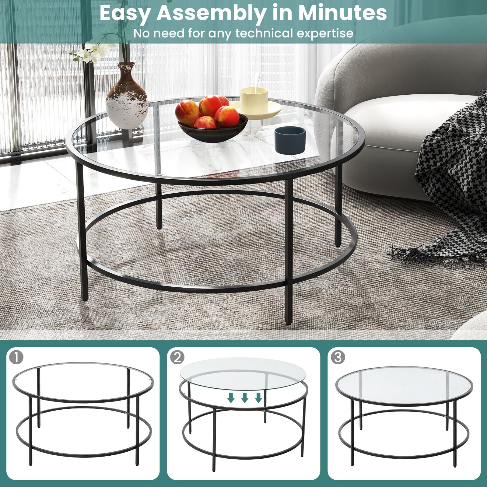 Giantex 35.5”D Round Coffee Table - Modern Coffee Table with Tempered Glass Tabletop