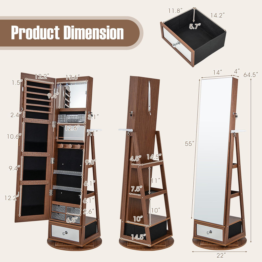 360° Swivel Jewelry Cabinet Armoire with 64.5" H Full Length Mirror - Giantex