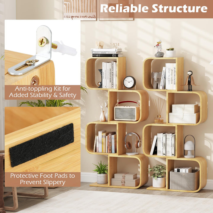 Giantex 4-Tier S-Shaped Bamboo Bookshelf with 4 Open Cubes