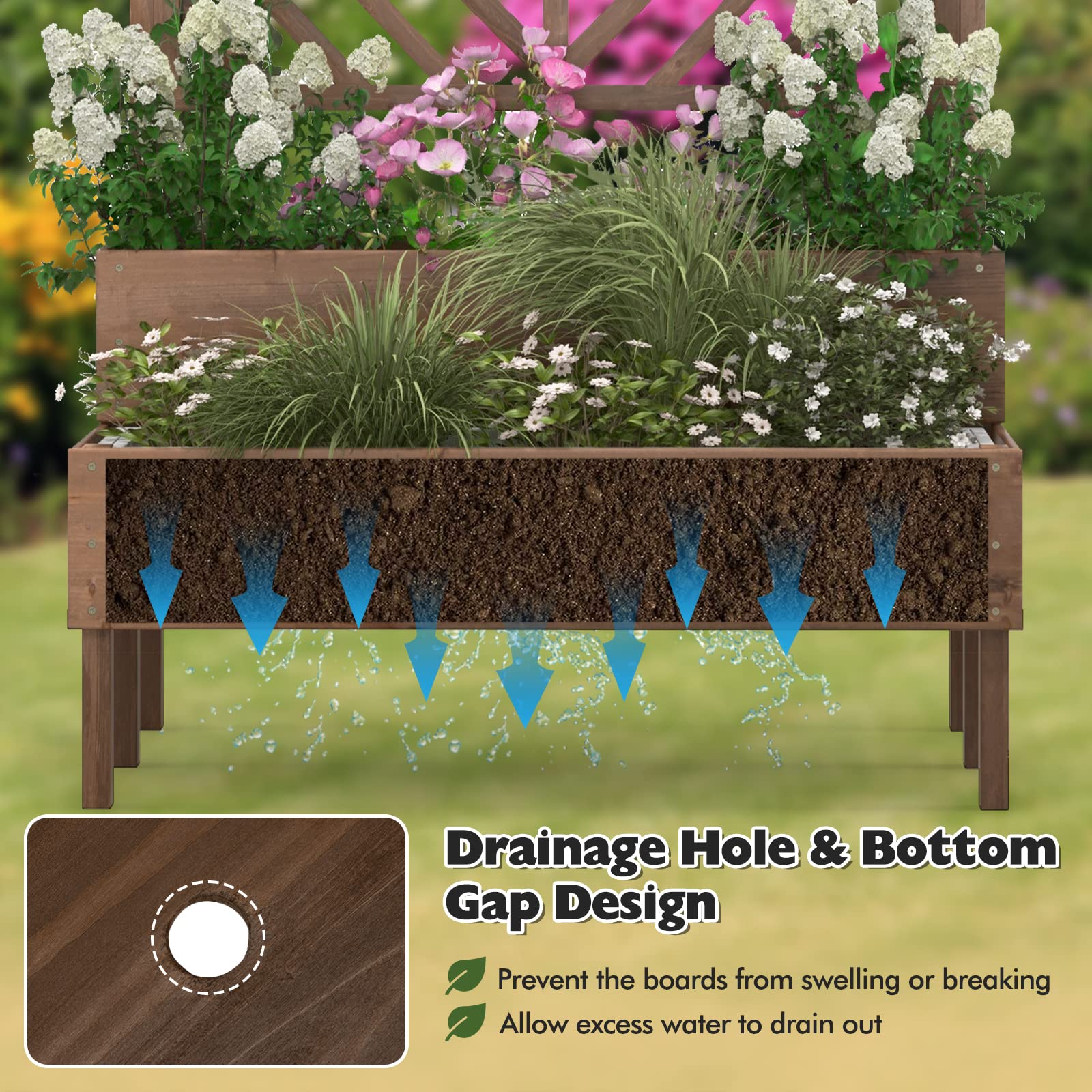 Giantex Raised Garden Bed with Trellis, 2-Tier Wooden Planter Box with Legs and Drain Holes (Brown)