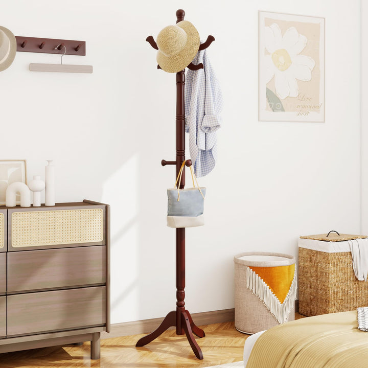 Giantex Solid Wood Coat Rack Freestanding Hall Tree with 3 Adjustable Heights and 11 Hooks