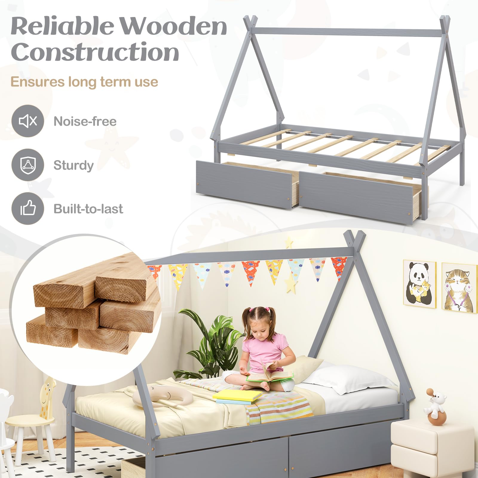 Giantex Twin Bed Frame with 2 Storage Drawers, Wood House Tent Platform Bed Frame with Triangle Structure