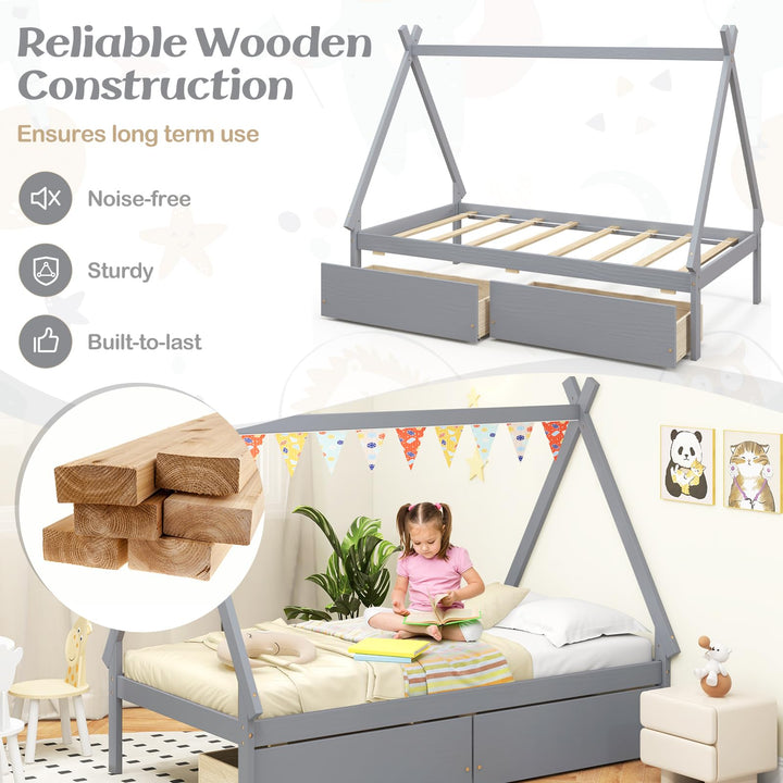 Giantex Twin Bed Frame with 2 Storage Drawers, Wood House Tent Platform Bed Frame with Triangle Structure