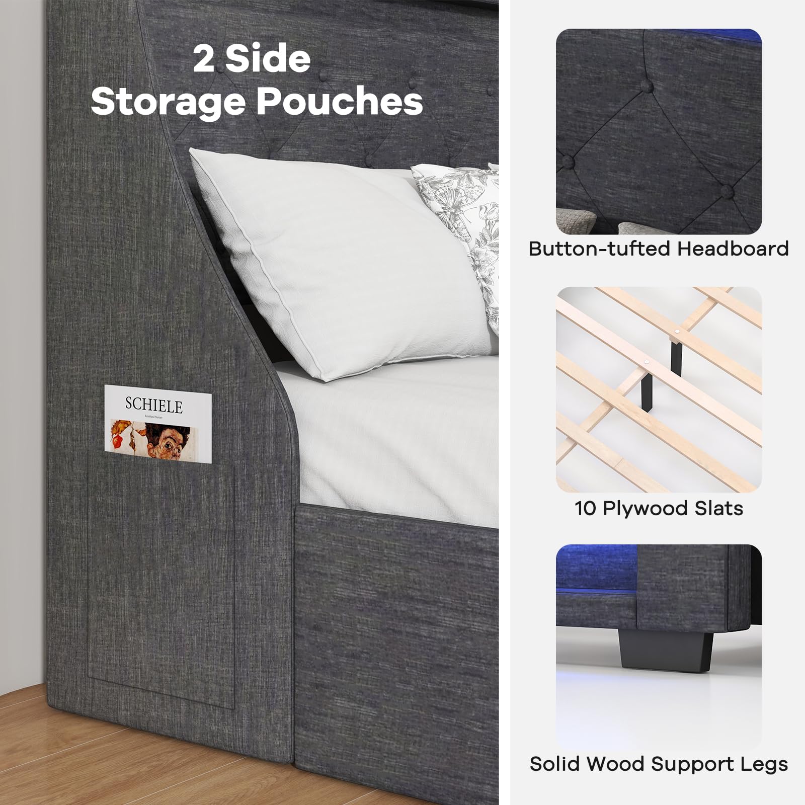 Giantex Full Size Bed Frame with LED Lights & Charging Station, Upholstered Platform Bed with Wingback Headboard