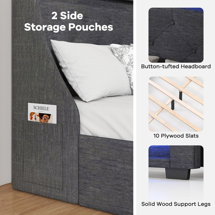 Giantex Full Size Bed Frame with LED Lights & Charging Station, Upholstered Platform Bed with Wingback Headboard