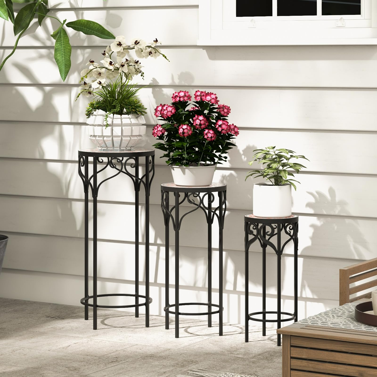 Giantex Metal Plant Stand Set of 3, 28" Mosaic Tall Flower Stand with Ceramic Top