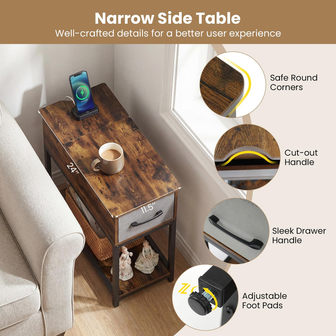 Giantex Narrow Side Table with Charging Station and LED Lights Industrial End Table