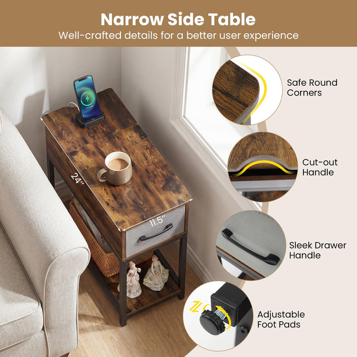Giantex Narrow Side Table with Charging Station and LED Lights Industrial End Table