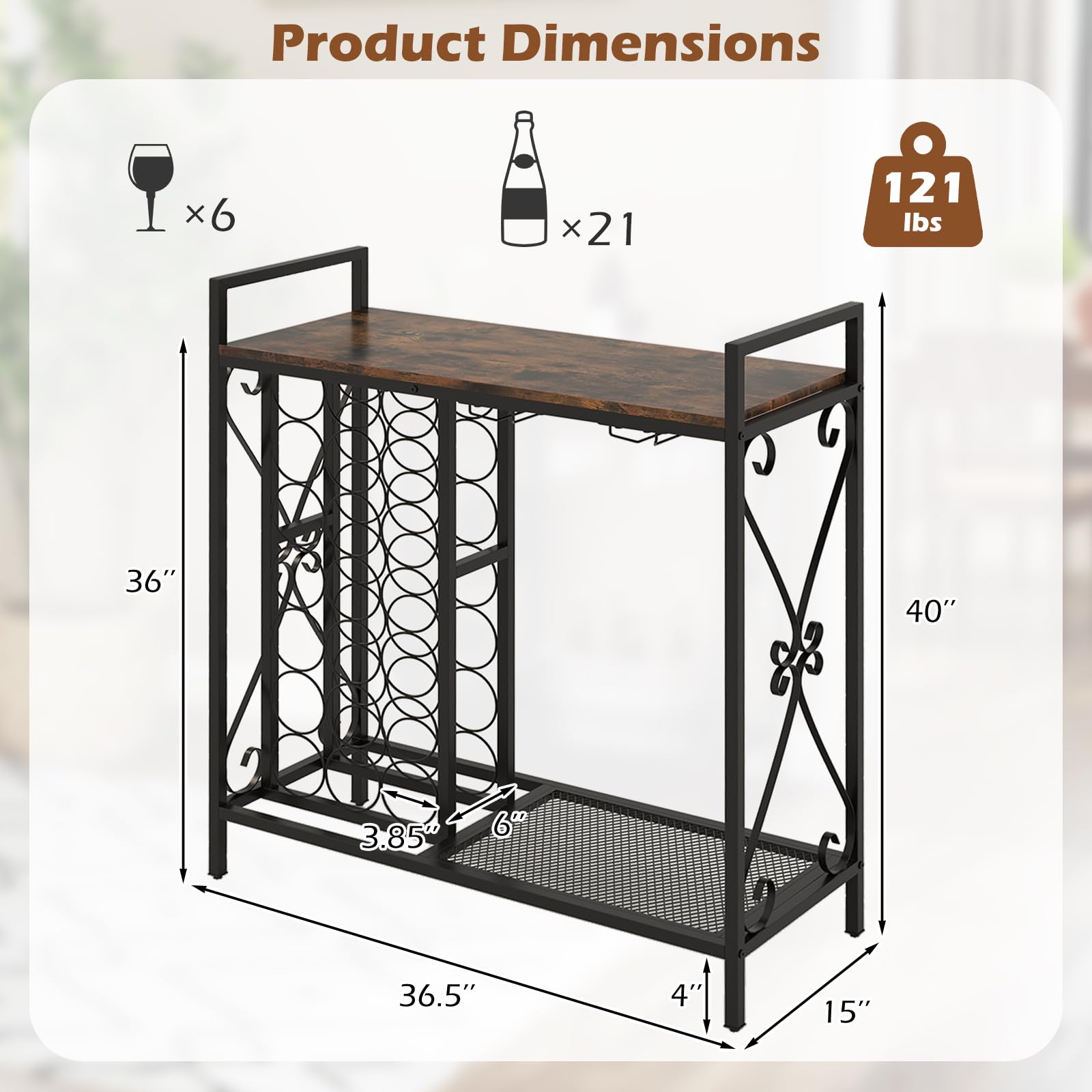 Giantex 21-Bottle Wine Rack Freestanding Floor, Wine Bar Table with 6-Glass Wine Glass Holder