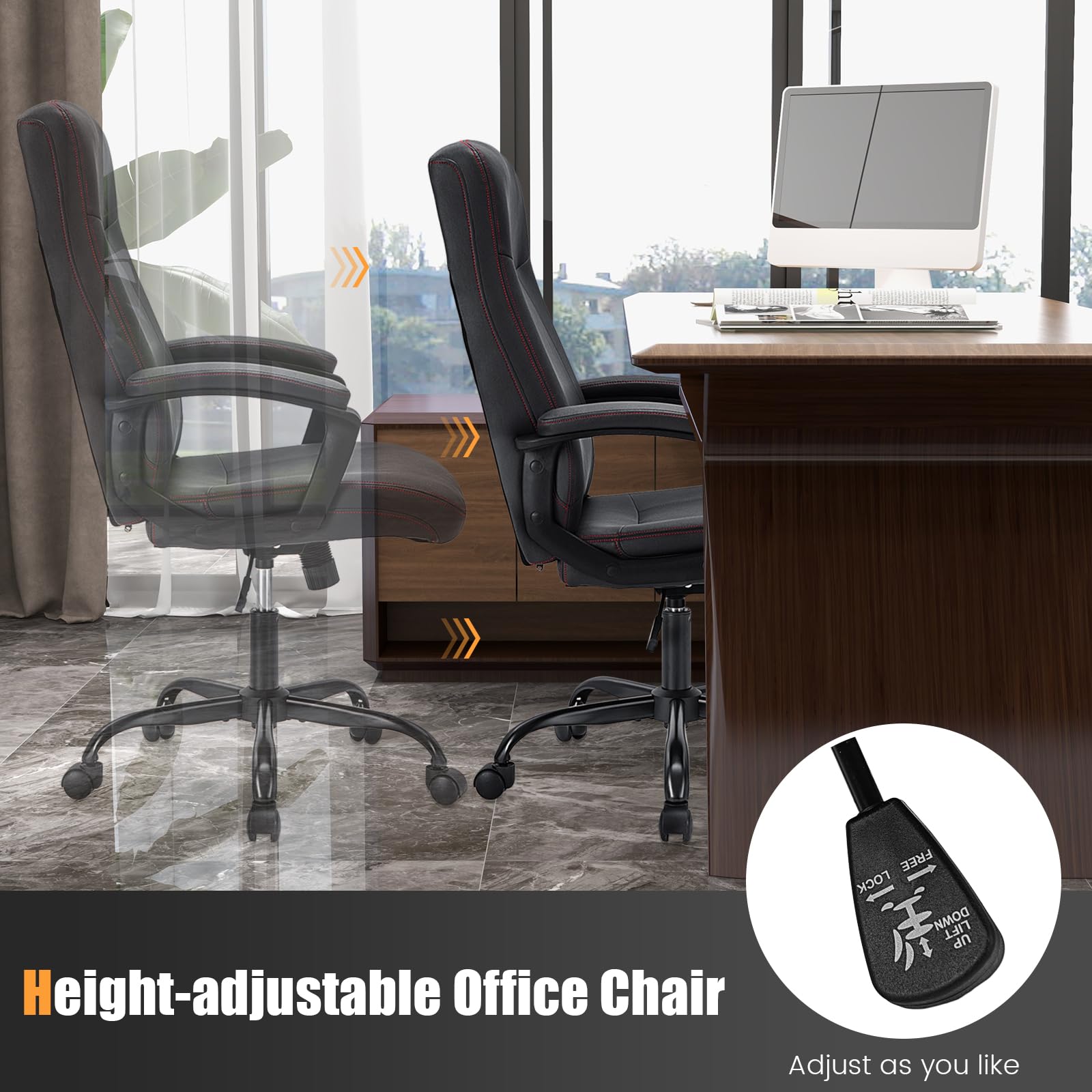 Giantex Executive Office Chair, Ergonomic Home Office Chair, Leather Like Desk Chair with Backrest & Built-in Armrests, Black