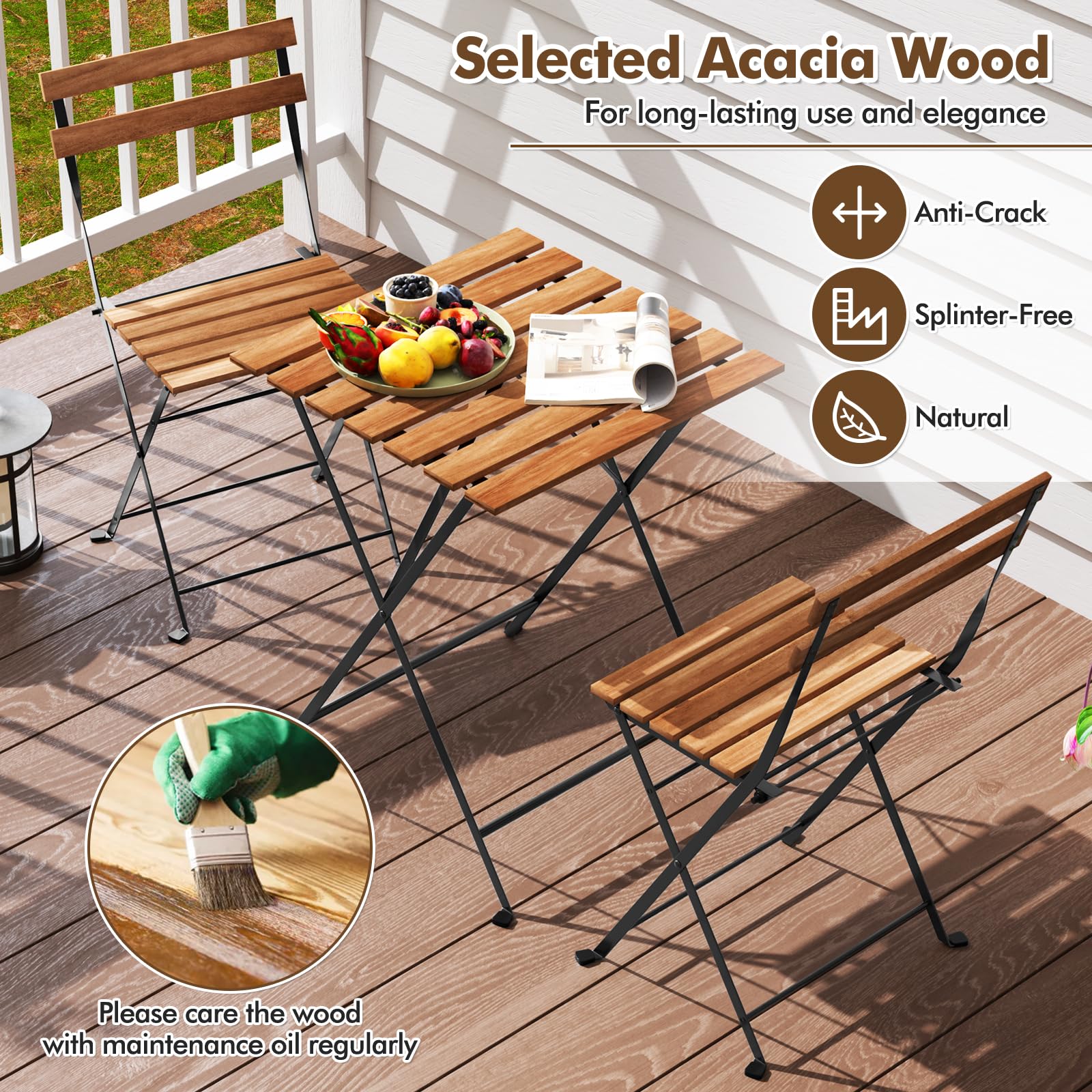 Giantex 3-Piece Acacia Wood Bistro Set with 2 Folding Chairs, Slatted Seat & Tabletop