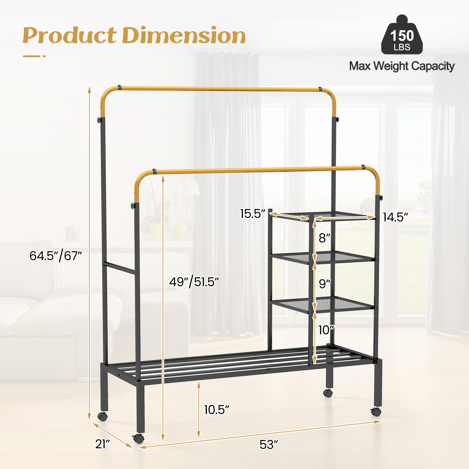 Giantex Double Rods Garment Rack with Wheels, Clothing Rack w/ 2 Hanging Height Adjustable Rods, Side Mesh Racks