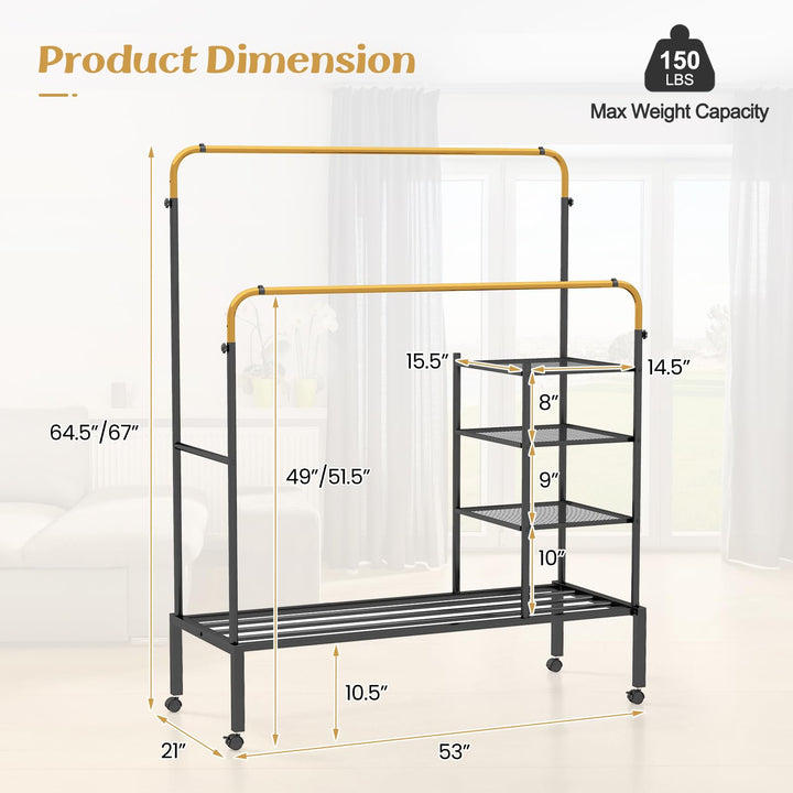 Giantex Double Rods Garment Rack with Wheels, Clothing Rack w/ 2 Hanging Height Adjustable Rods, Side Mesh Racks