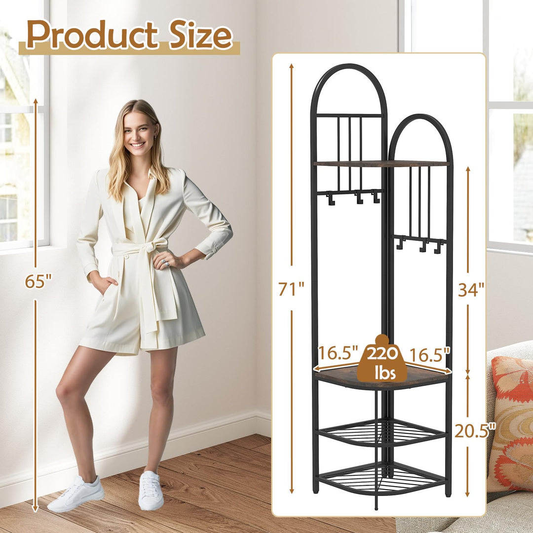 Giantex Corner Hall Tree, 71" Corner Coat Rack w/Shoe Storage Bench, 6 Removable Hooks, 4-Tier Entryway Shoes Shelf Organizer