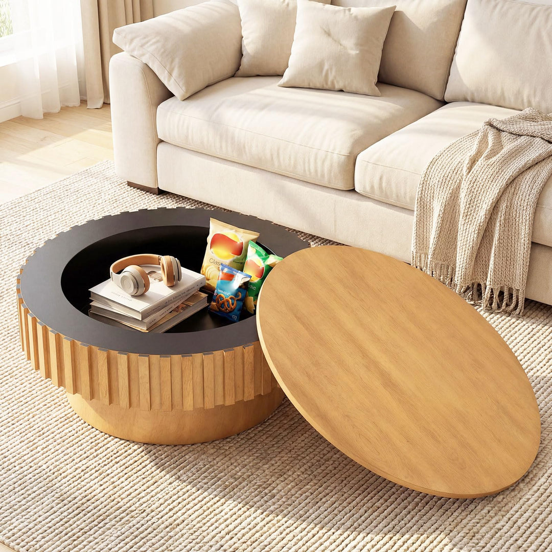 Giantex Round Coffee Table with Storage | Modern Drum Fluted Center Table with Solid Wood Veneered