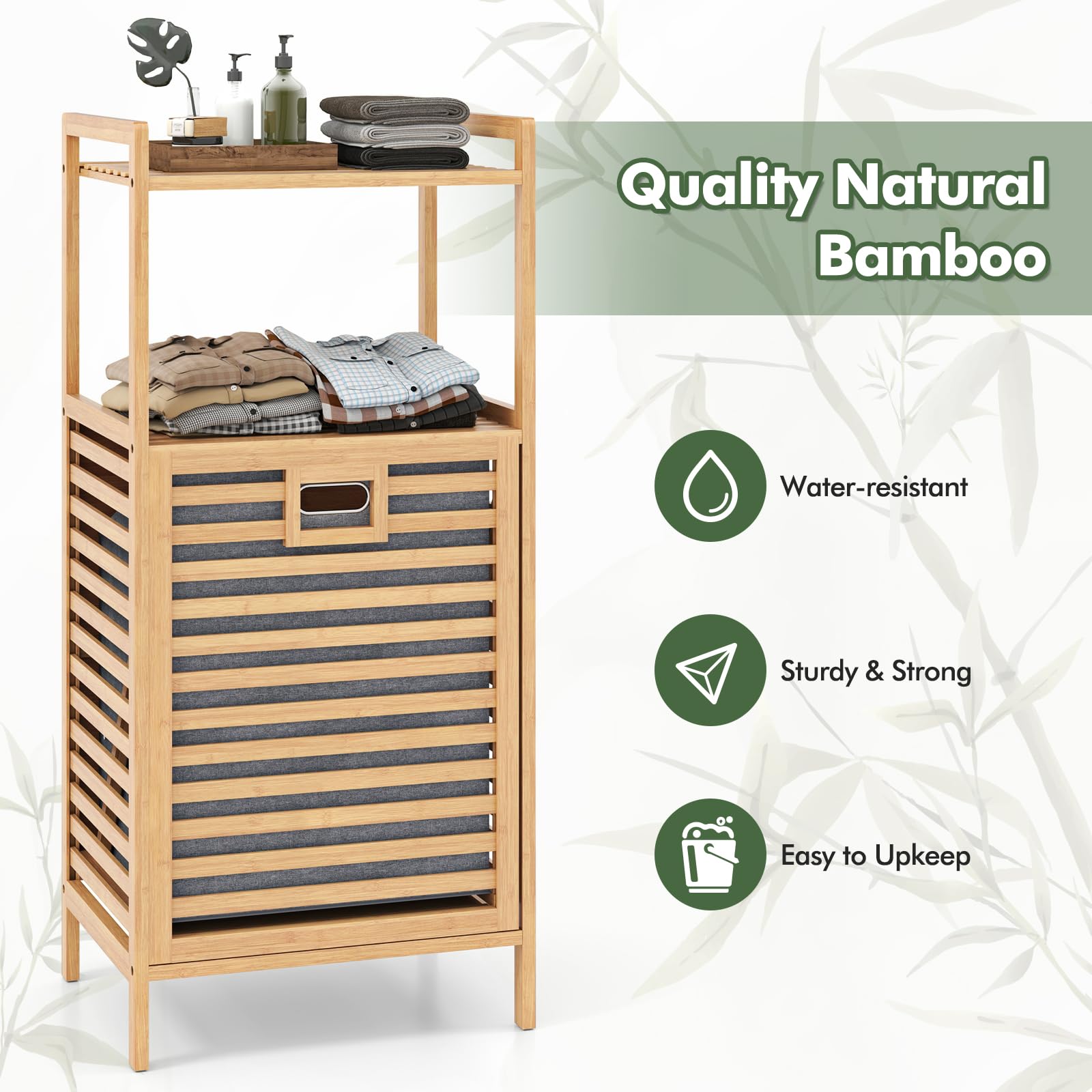 Giantex Tilt Out Laundry Hamper Bamboo Laundry Storage Cabinet with 2-Tier Storage Shelves