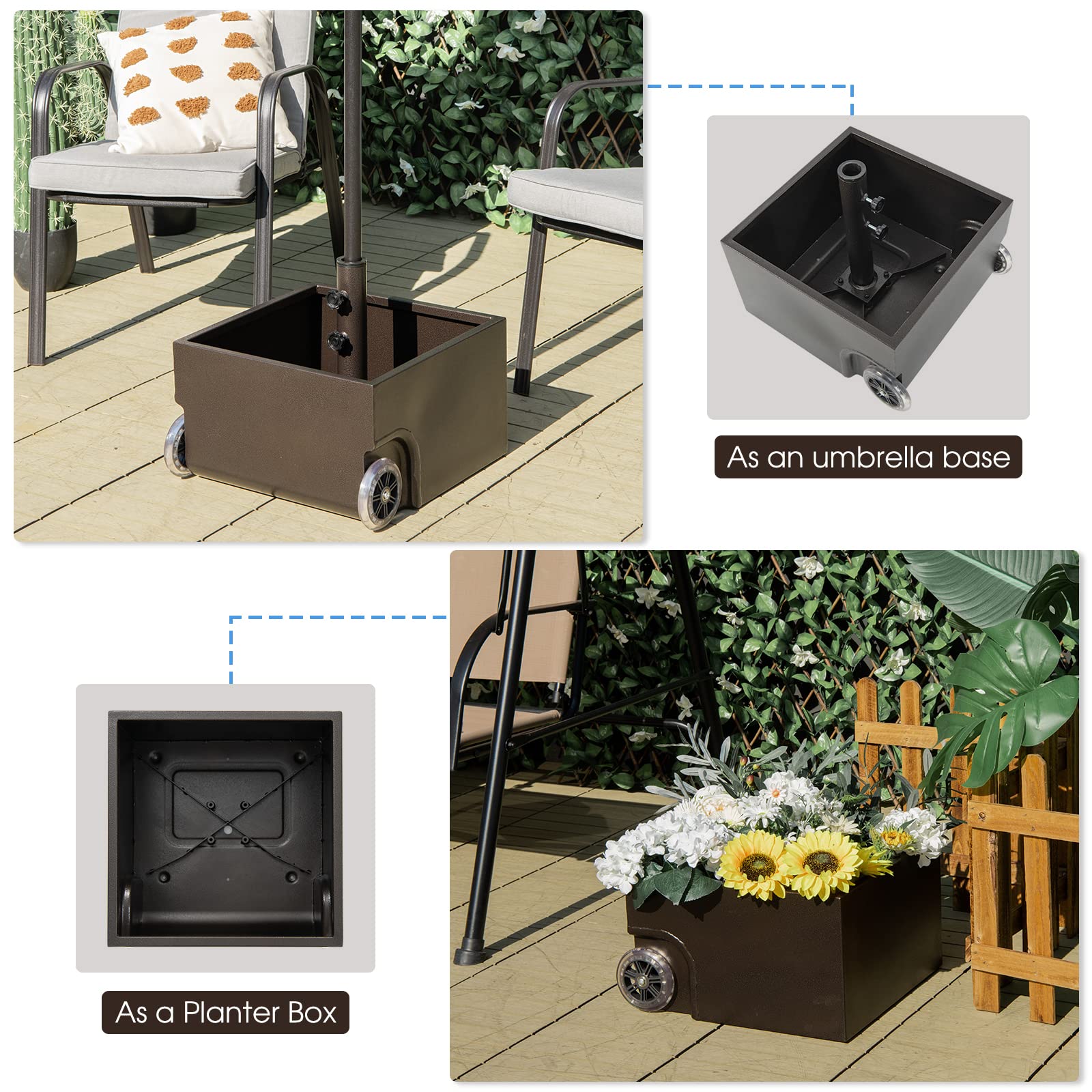 Giantex 150lbs Filled Umbrella Base with Wheels, Heavy Duty Umbrella Stand with Fillable Planter, Drainage Holes, Fit for 1.6''-2.1'' Pole