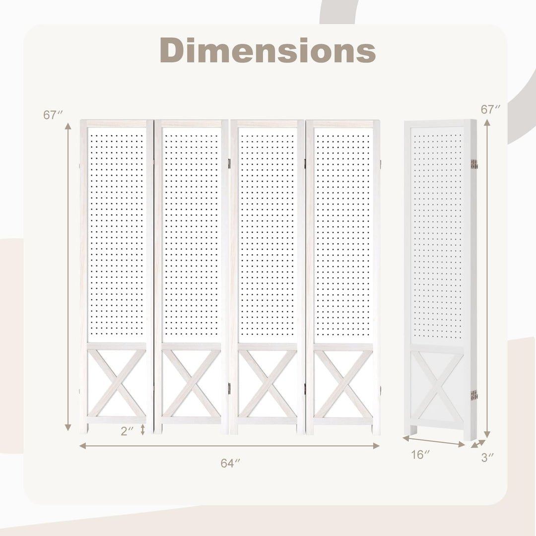 Giantex 4 Panel Foldable Solid Wood Frame Pegboard Room Divider (64"W x 67"H)