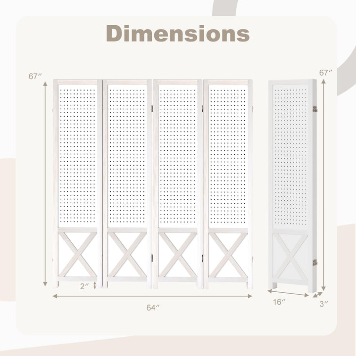 Giantex 4 Panel Foldable Solid Wood Frame Pegboard Room Divider (64"W x 67"H)