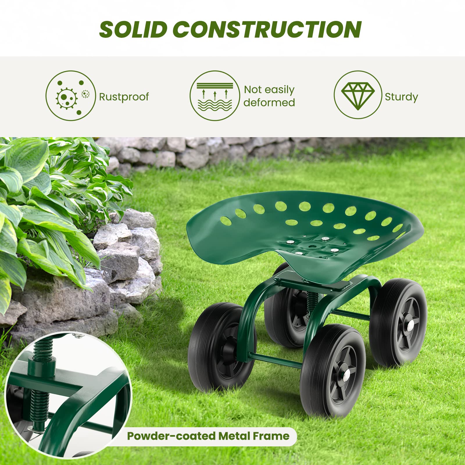 Giantex Garden Cart, Rolling Workseat with 4 Wheels, Garden Stool 360-degree Swivel Work Seat & Adjustable Heigh