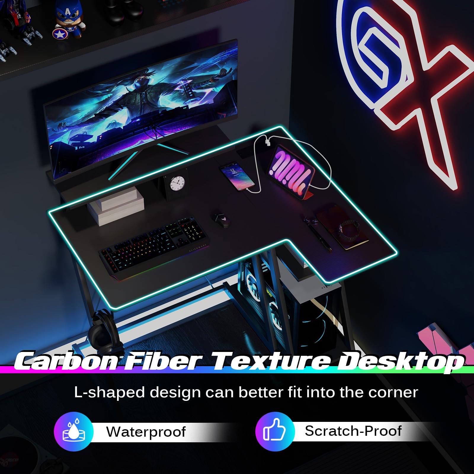 Giantex L Shaped Gaming Desk with Outlets & USB Ports, Small Computer Desk with Monitor Shelf