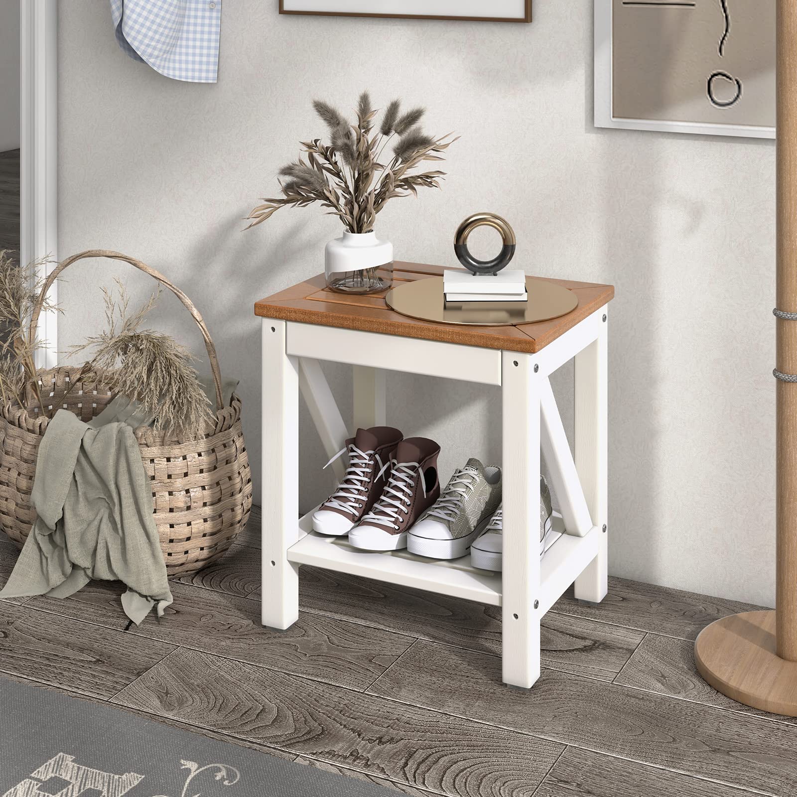 Giantex Shower Bench Waterproof HDPE - Shower Stool with Storage Shelf, 2-Tier Plastic Spa Bath Step Shower Seat