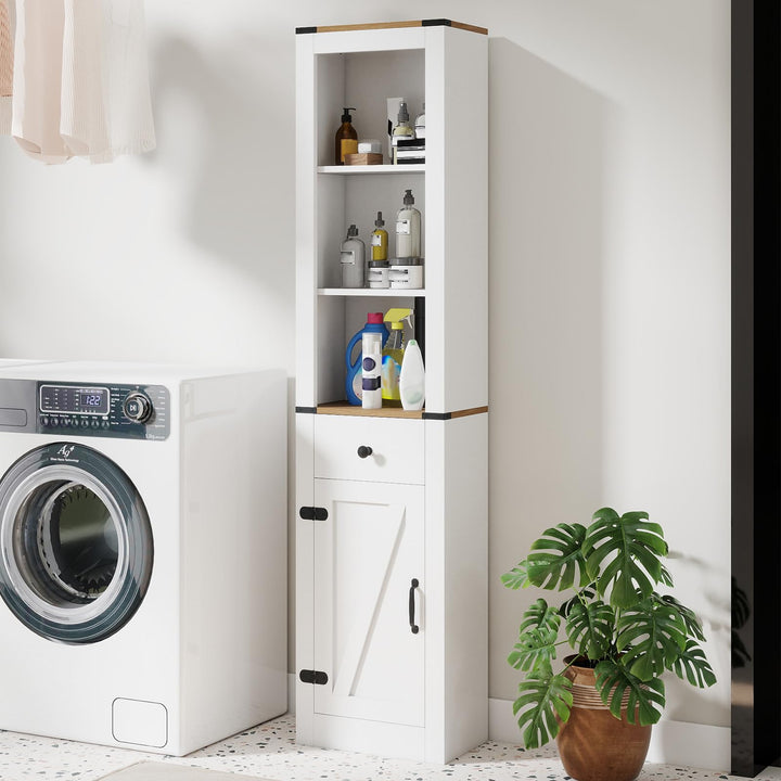 Giantex 68 inch Tall Bathroom Cabinet with Barn Door Narrow Slim Storage Organizer Unit with Drawer