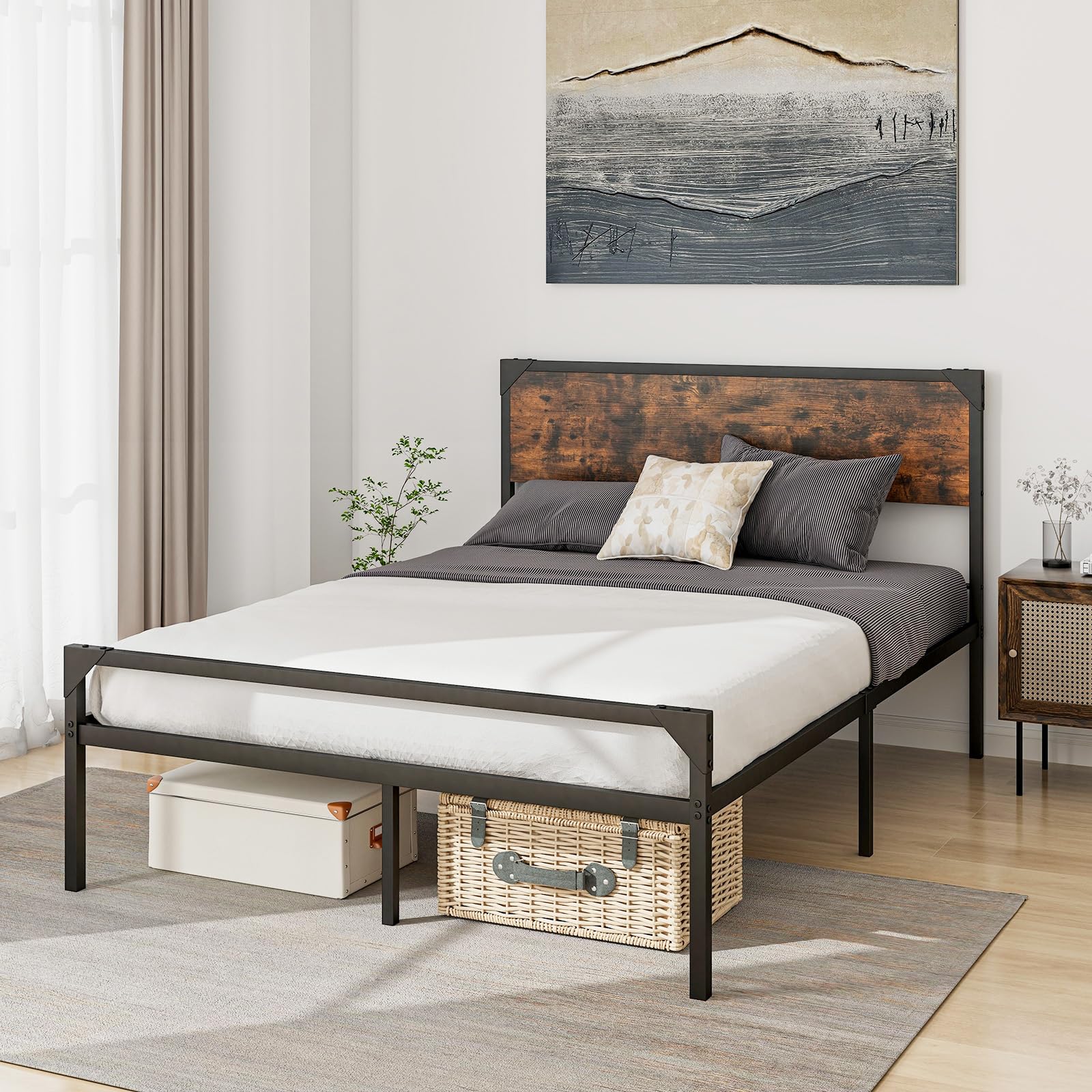 Giantex Full Size Bed Frame with Rustic Headboard & Footboard, Strong Metal Slat Support Mattress Foundation