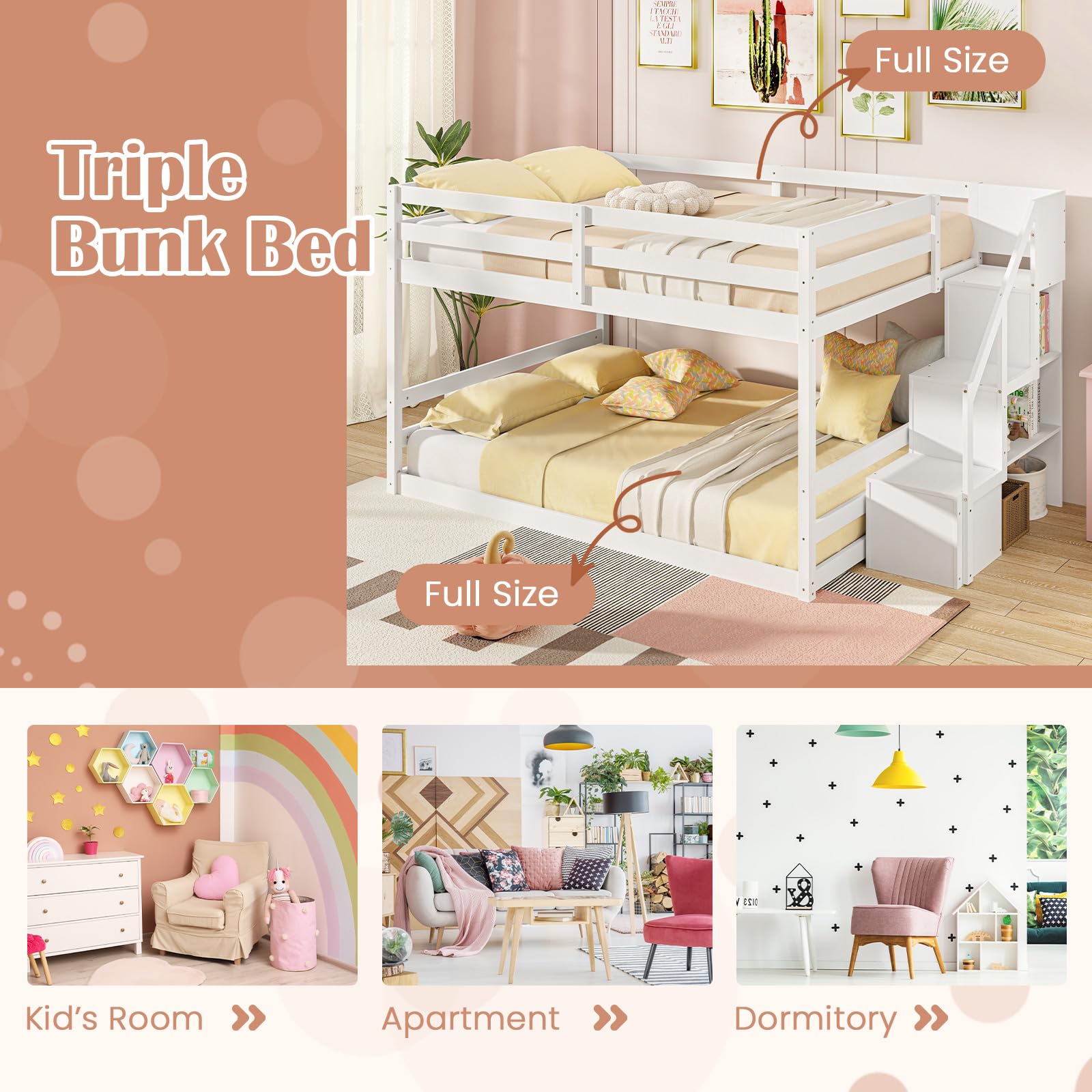 Giantex Bunk Bed with Stairs, Solid Wood Floor Bunk Bed with Storage Staircase & Full-Length Guardrails