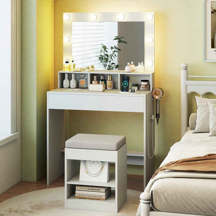 CHARMAID 31.5 Inches Vanity Desk with 3 Lighting Modes and Storage Shelves